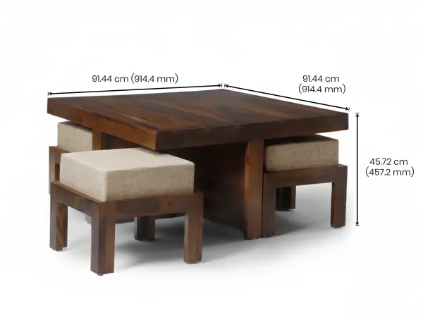 Belle Solid Wood Coffee Table with 4 Stools
